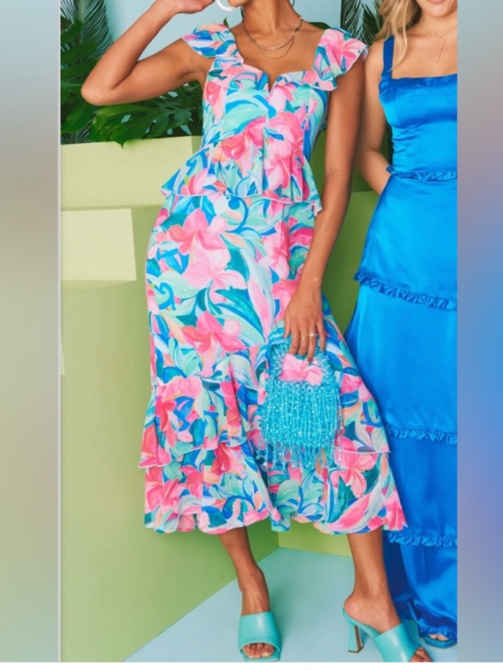 Show Me Your MuMu Pink & Blue Floral Ruffle Maxi Dress (i130)